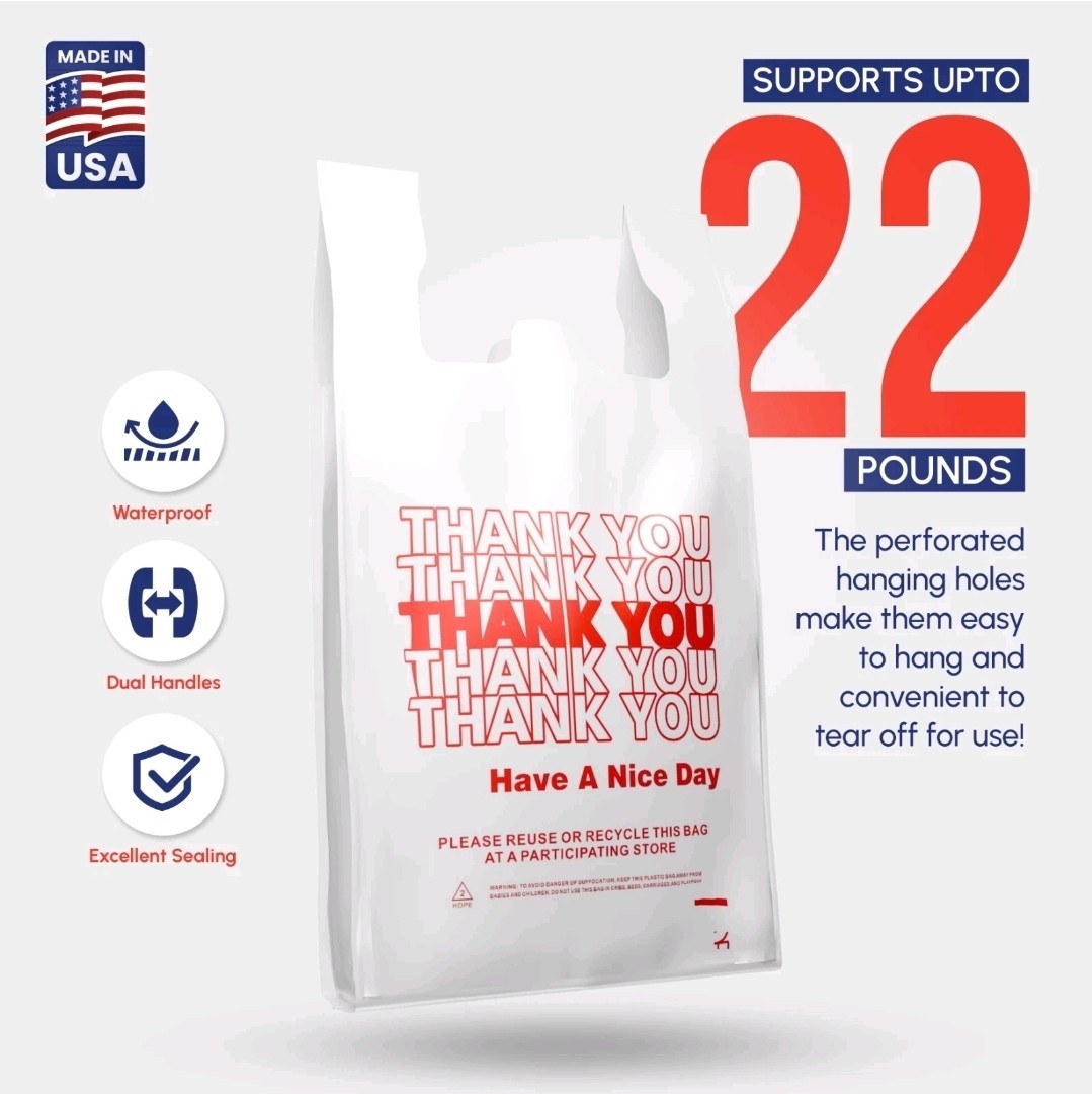 Thank You Plastic T-Shirt Bags 11.5×6.5×21 for Grocery Retail Shopping 100 pack