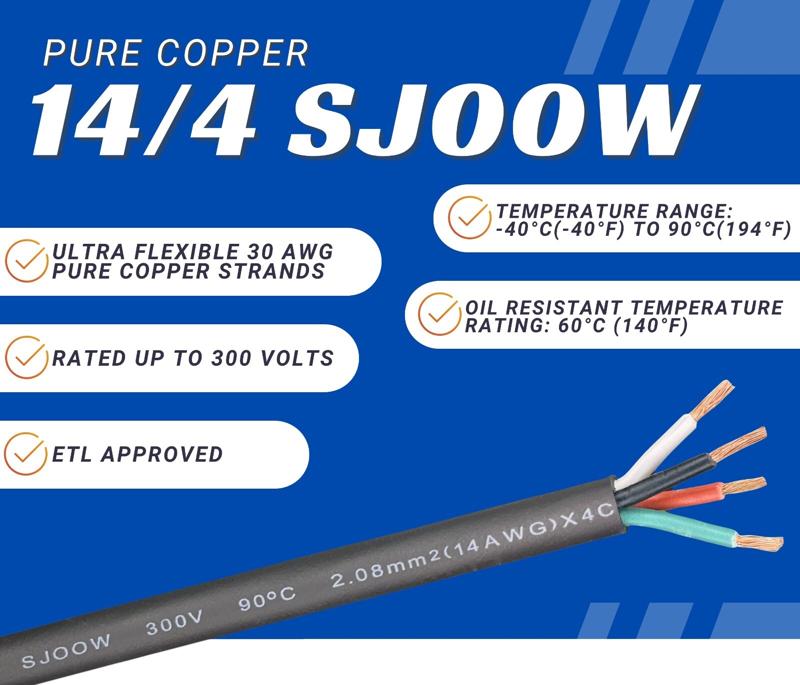 WindyNation 14/4 14 AWG 4 Conductor SJOOW Cable Cord Wire 300V Portable Power