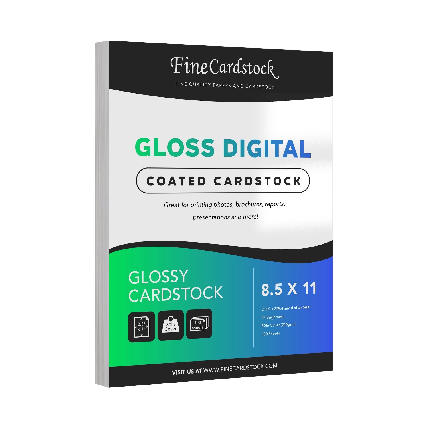 Double-Sided Glossy Cardstock Paper, C2S, 8.5 x 11, 80lb Cover, 100 Sheets