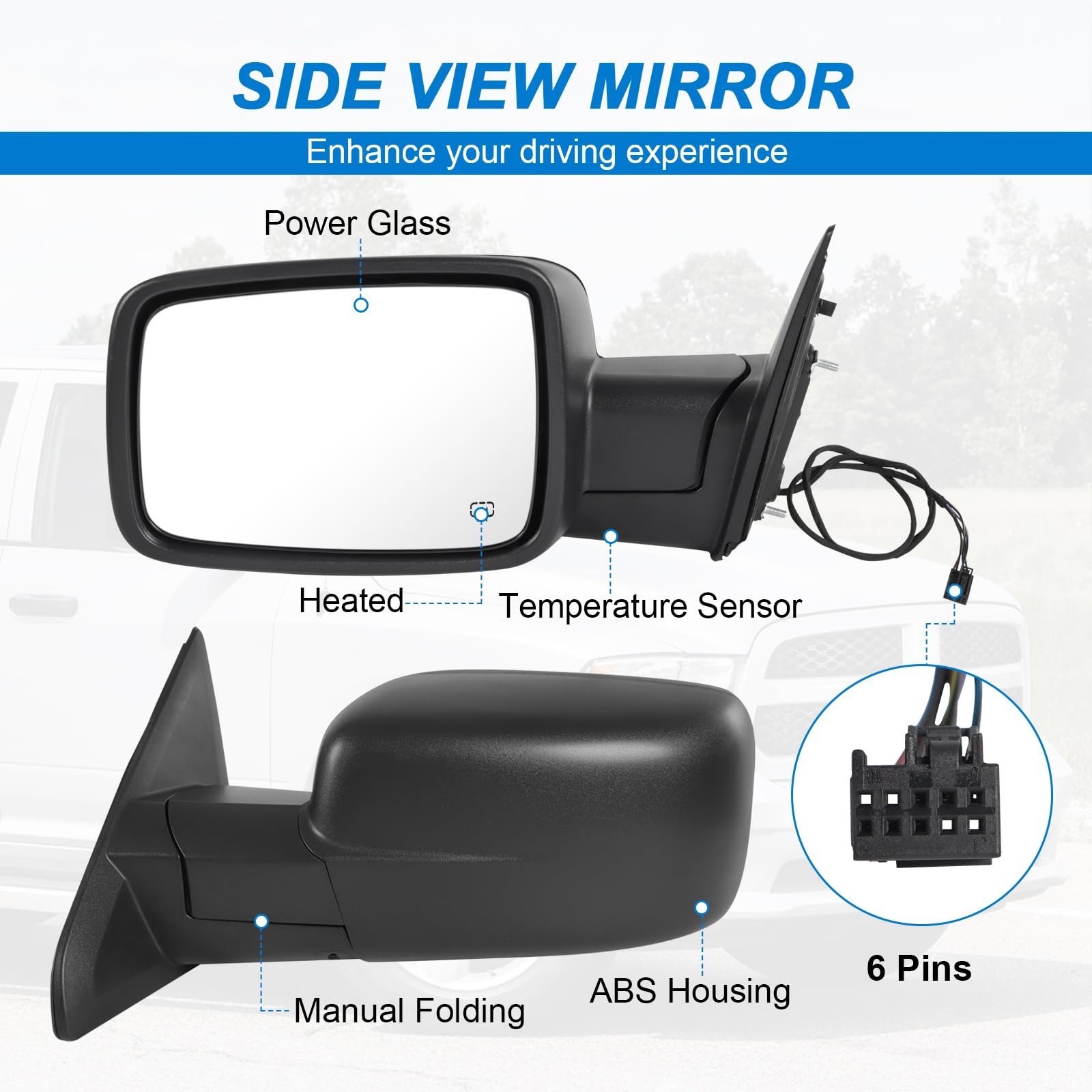 Left Driver Side Door Mirror Heated Power Glass Manual Folding (6Pins) | Comp…