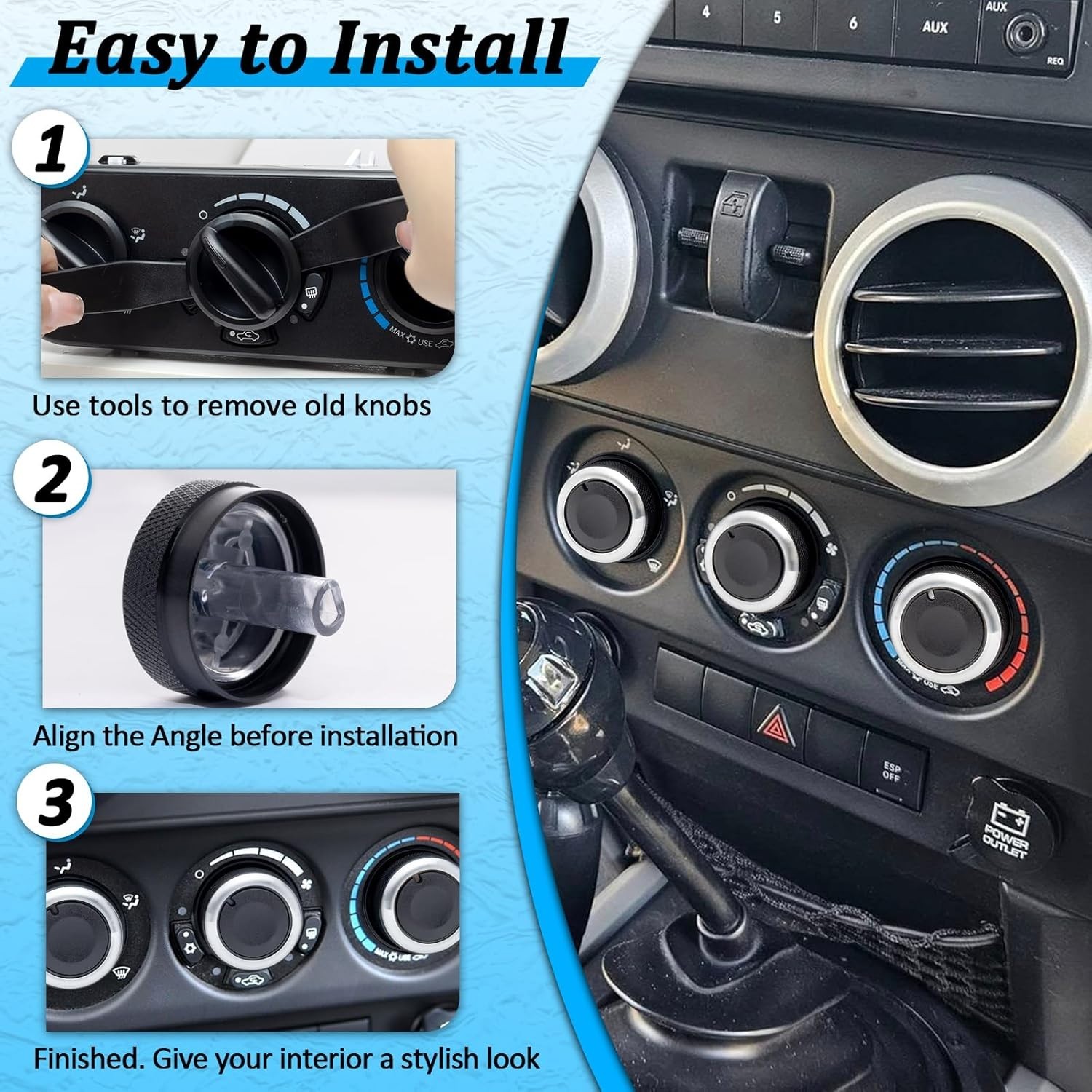 Upgraded Climate Control Knobs Compatible with 2007-2010 Jeep Wrangler, 3PCS Air