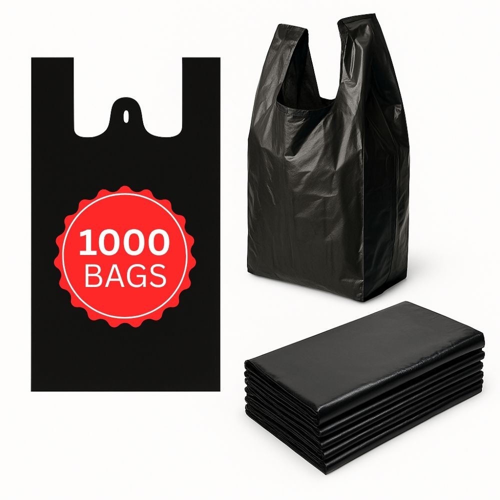 1/6 Large 22 x 6.5 x 11.5 BLACK T-Shirt Heavy Duty Plastic Grocery Shopping Bags
