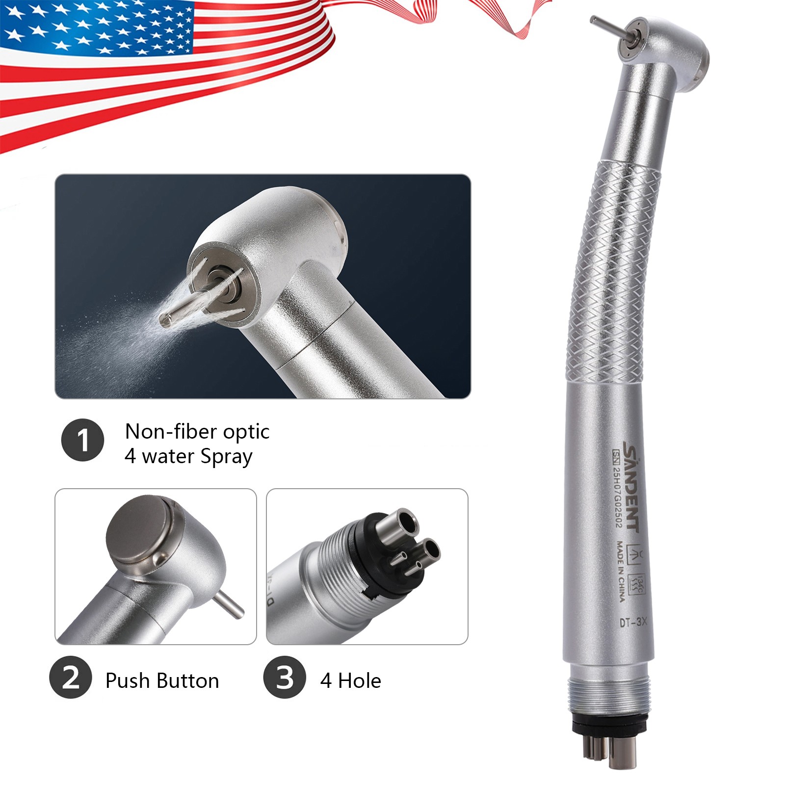 SANDENT Dental High Speed Handpiece Push Button 4 port spray 4 Hole Fit NSK
