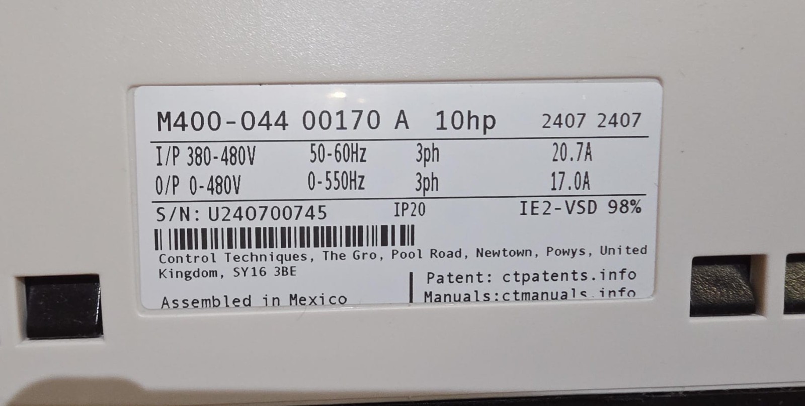 UNIDRIVE CONTROL TECHNIQUES M M400-044-00170 A101 01 AB100 10hp (NEW)