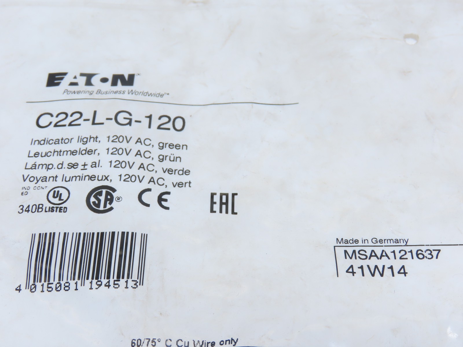 Eaton C22-L-G-120 Button Indicating Light Green Illuminated LED 120 V