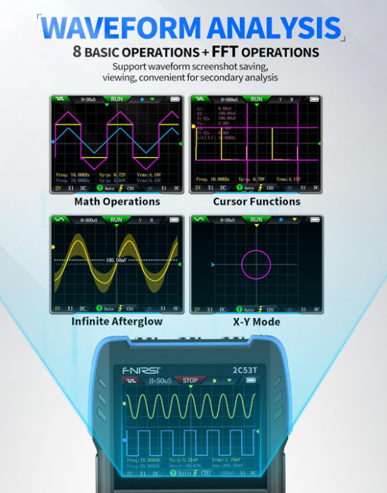 2C53T Handheld 3-in-1 Oscilloscope 50MHz 250MS/s w/ Multimeter DDS Generator