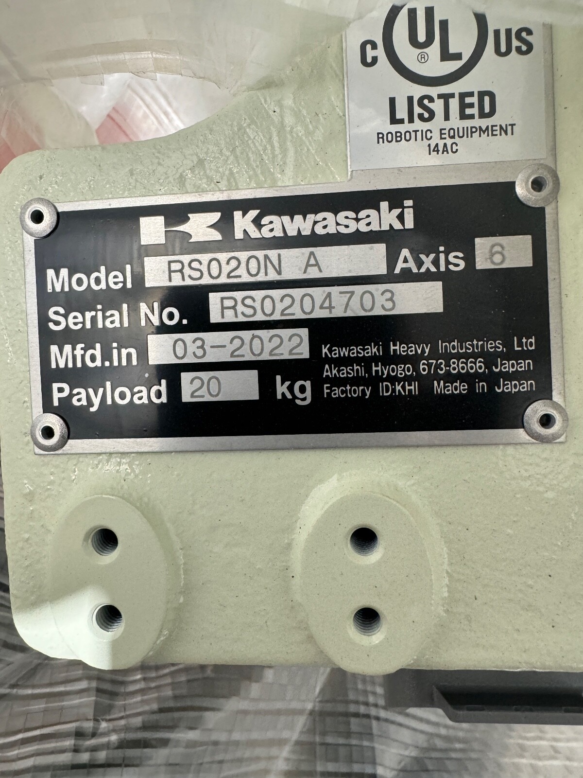 2022 Kawasaki RS020N 6 Axis Robots New Never Used Payload 20 KG x 1725 MM Reach