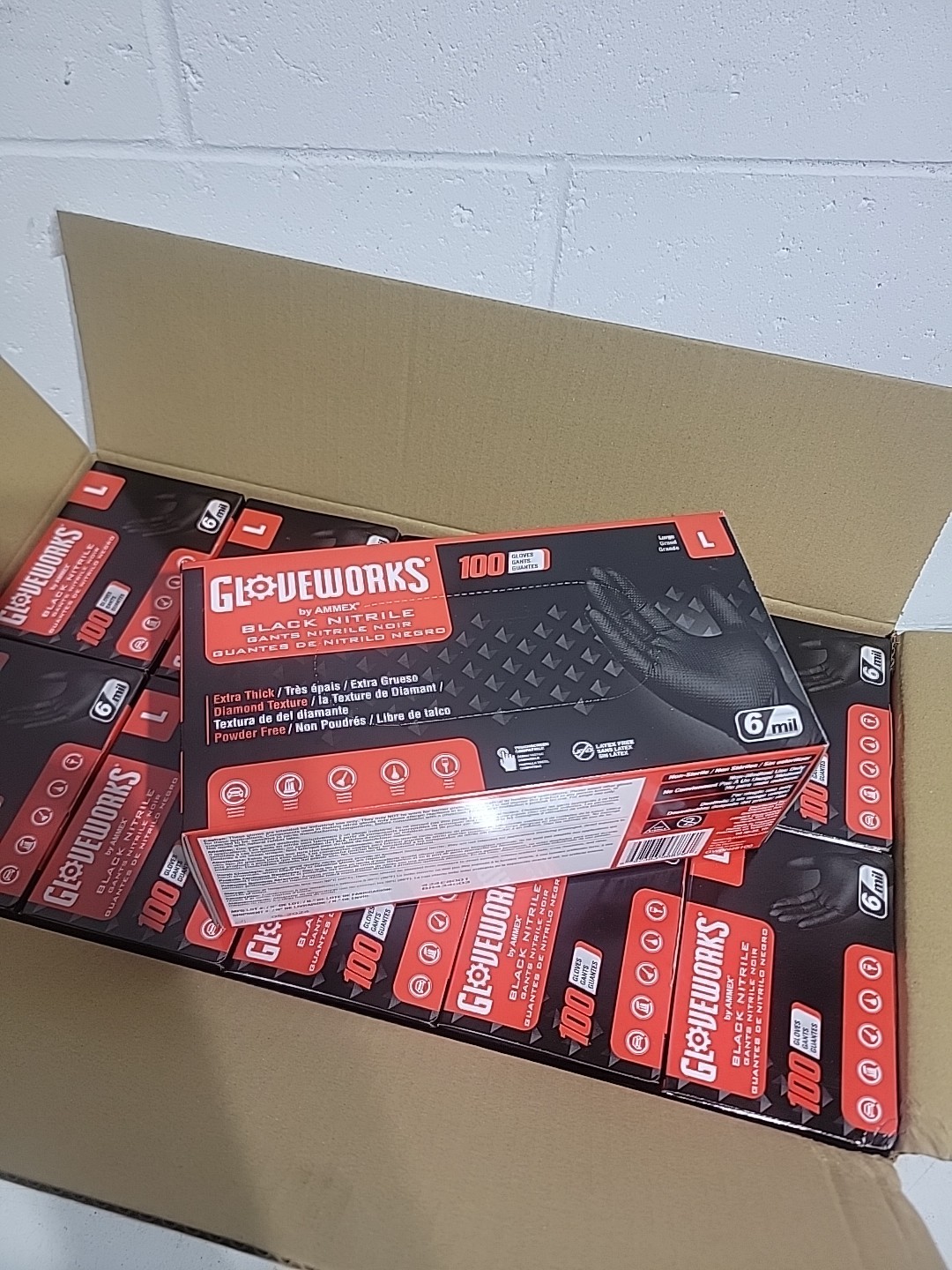 Box of 10 GLOVEWORKS Industrial Black Disposable Nitrile Gloves 6 Mil L Large