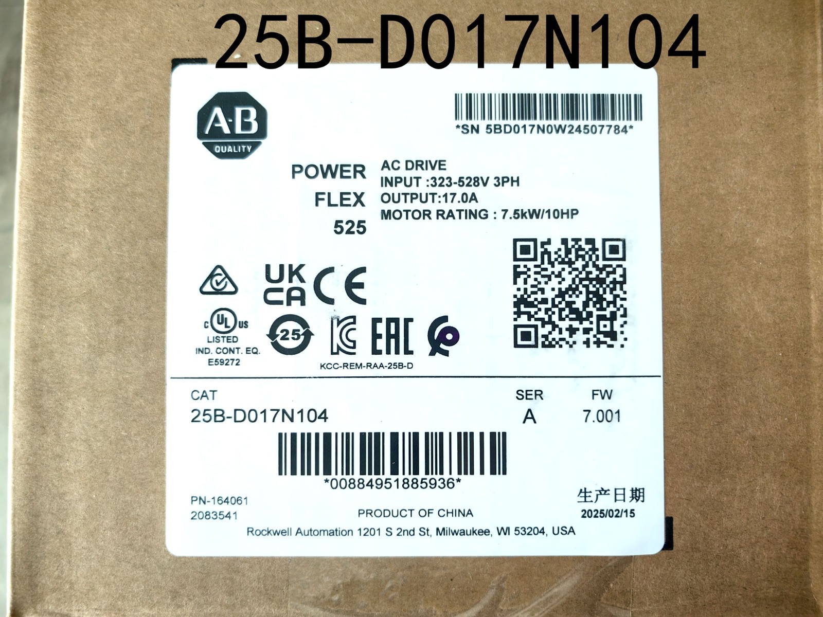 2025 New Allen-Bradley 25B-D017N104 PowerFlex 525 7.5kW (10Hp) AC Drive