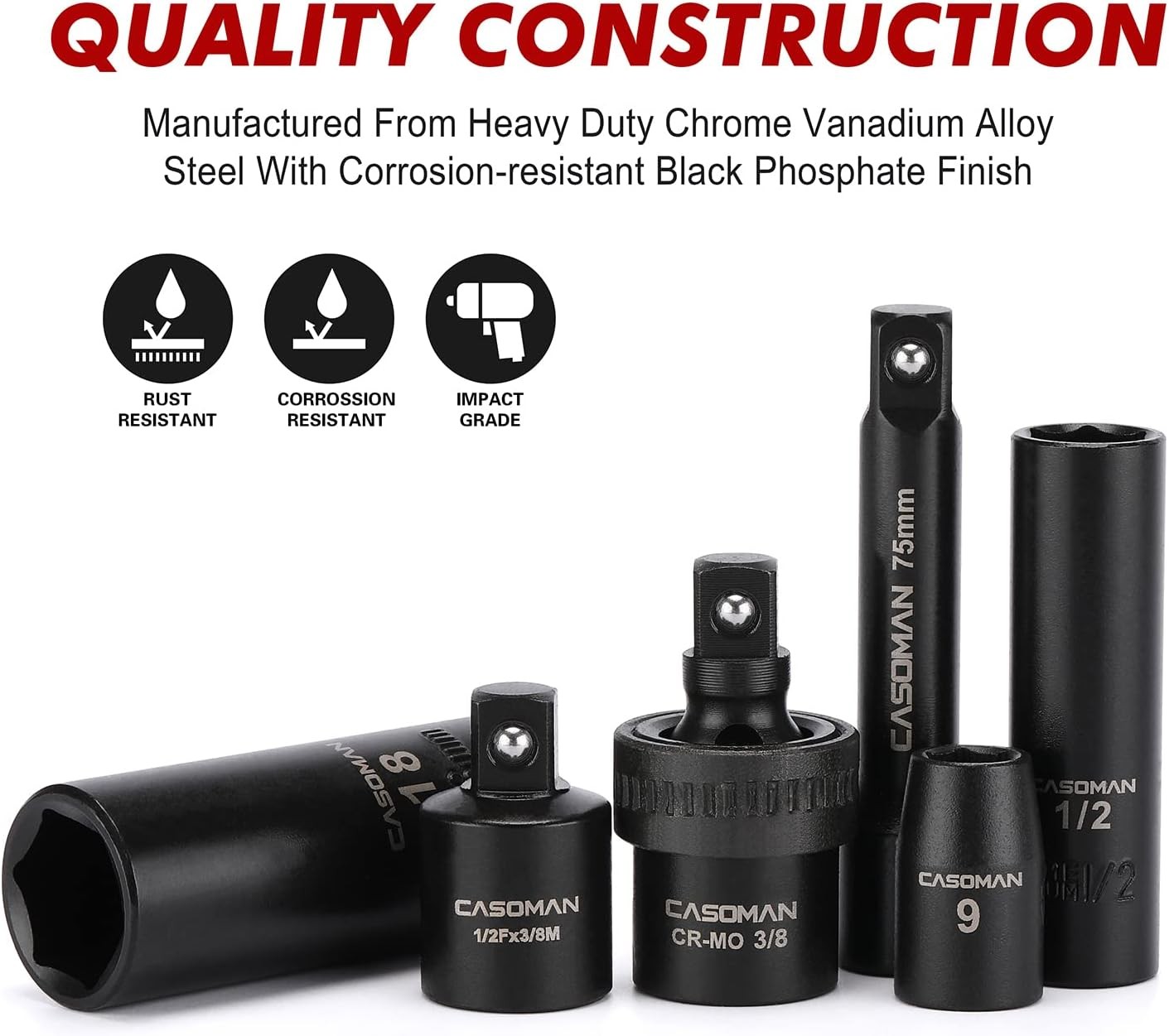 3/8″ Drive Impact Socket Set, 49 Piece Standard SAE and Metric Sizes (5/16-Inch