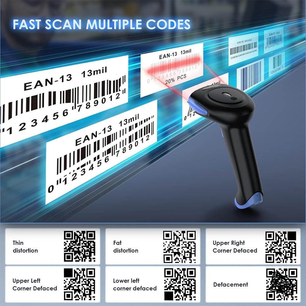 2D Bluetooth Wireless Barcode Scanner Handheld Cordless USB QR Code Reader Blue