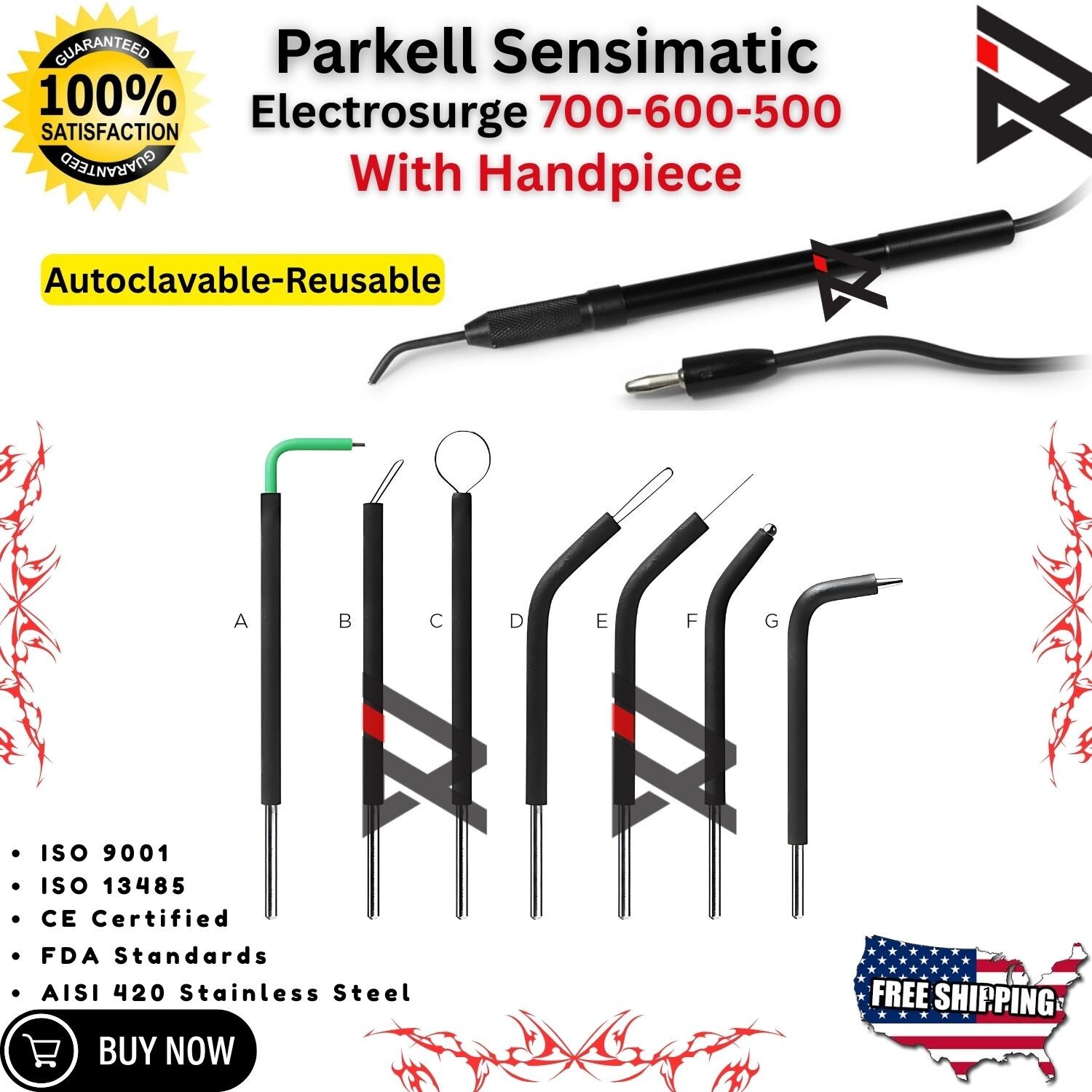 Parkell Sensimatic 500-600-700 Electrosurge Black Handpiece and 7 Pcs Tips CE