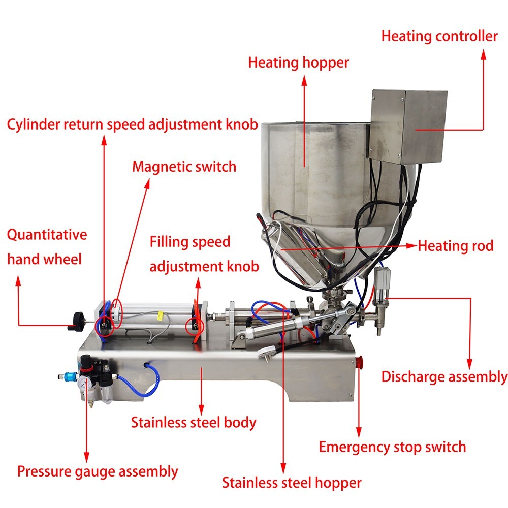 100-1000ml Pneumatic Paste Liquid Heating Filling Machine 1 Nozzle Piston Filler