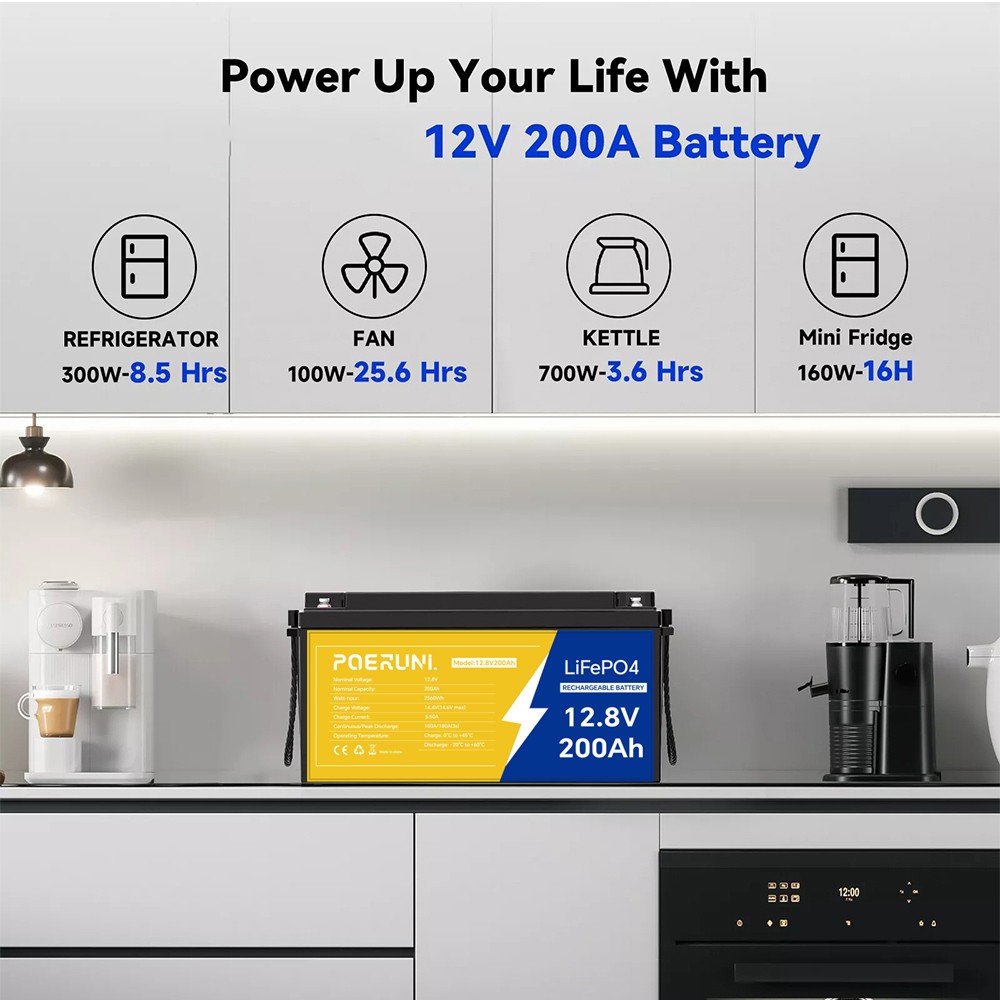 12V 200Ah LiFePO4 Lithium Battery Deep Cycle Built-in BMS for Solar RV Off-Grid