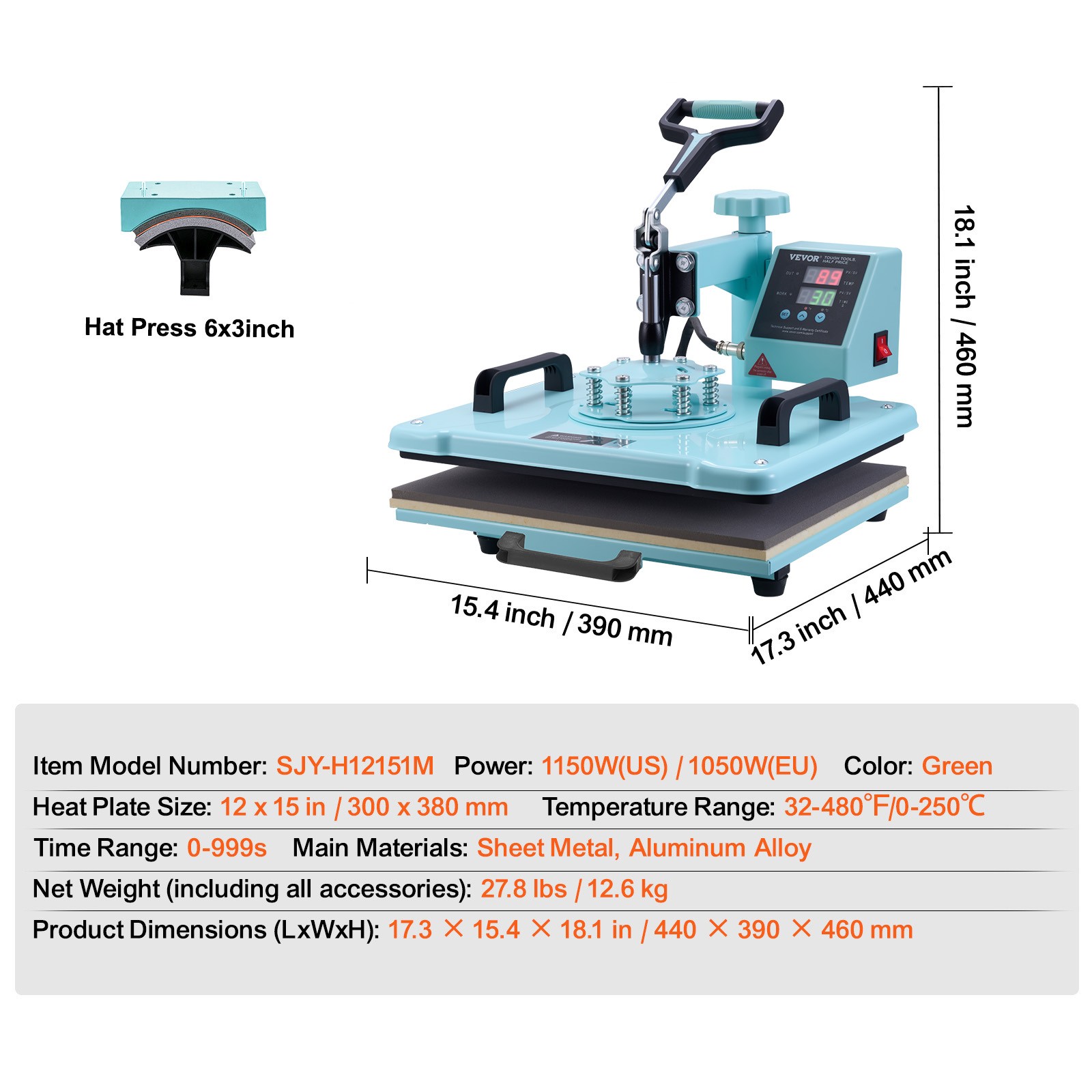 VEVOR Heat Press Machine 12×15 in 2 in 1 Heat Transfer Machine for T-Shirts Hats