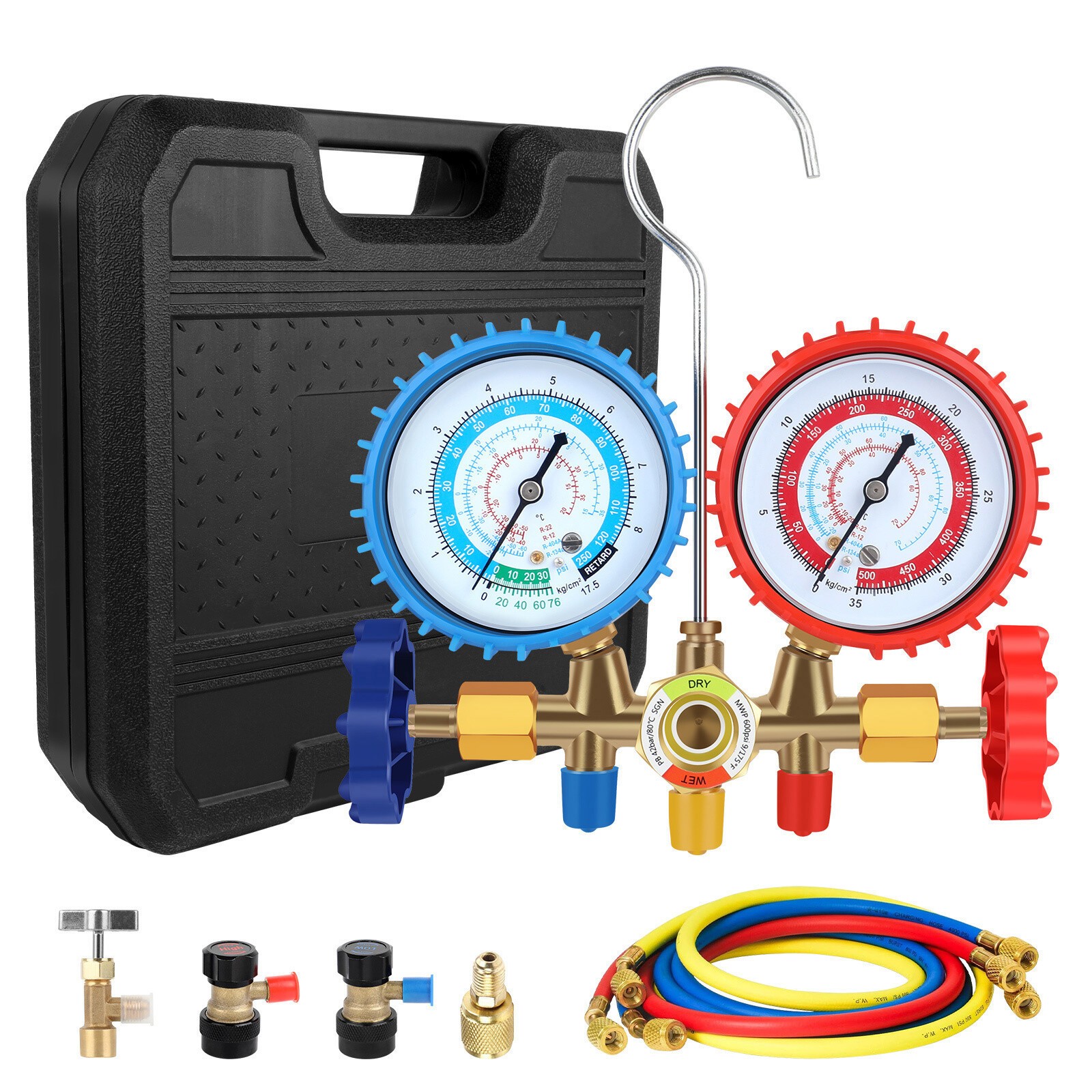 HVAC AC 3‑Way Manifold Gauge Set w/ 5ft Hoses R1234yf R404a R134a Refrigeration