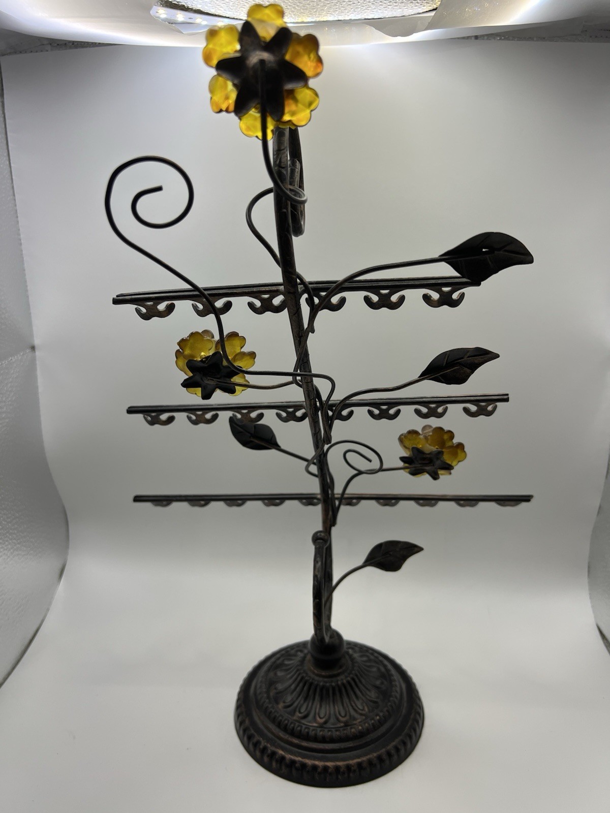 Metal Jewelry Earring Holder Amber Flowers Display Stand 24 Hole 13.5″x9.5″x4.5″