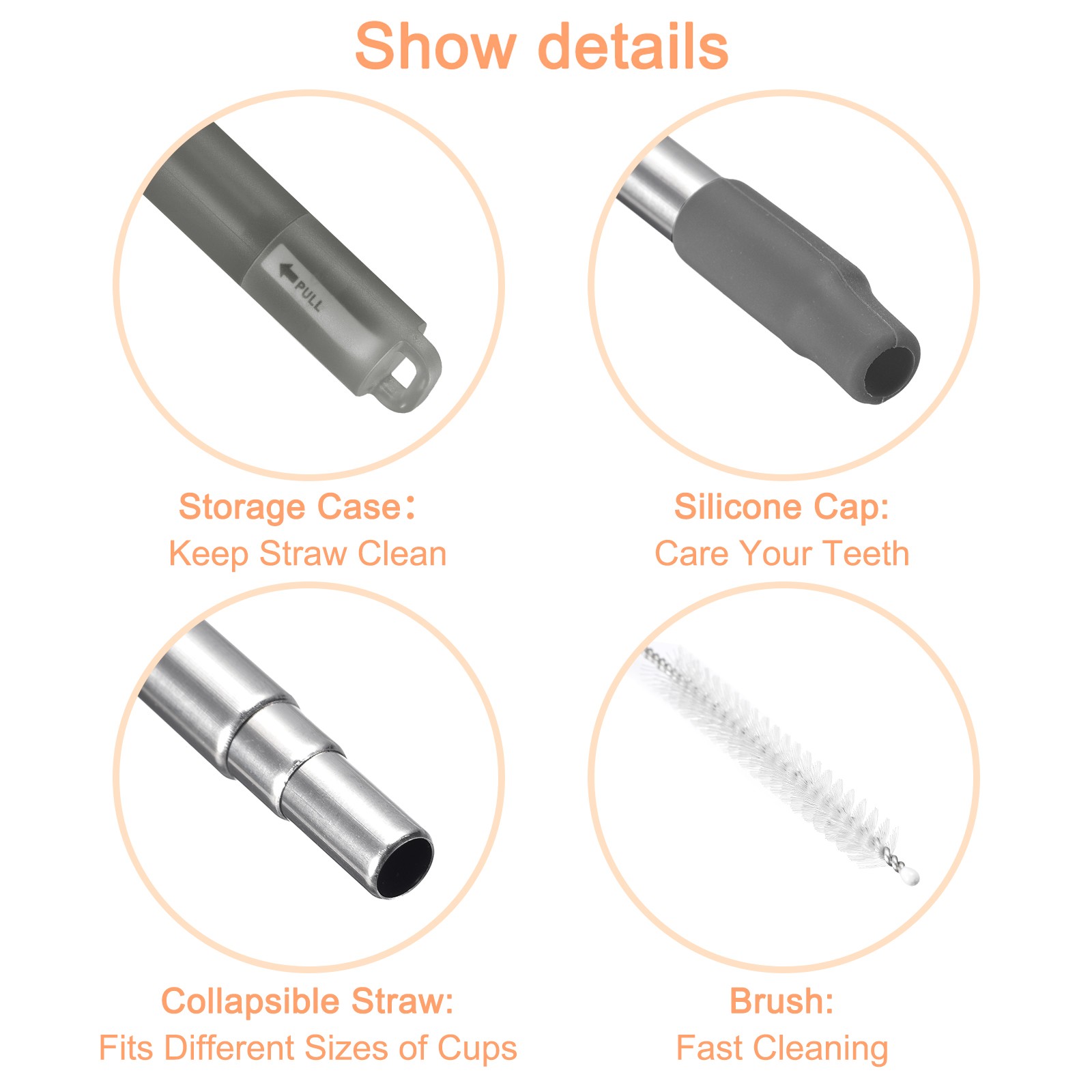 1 Set Reusable Telescopic Stainless Steel Straws with Silicone Nozzle, Dark Grey