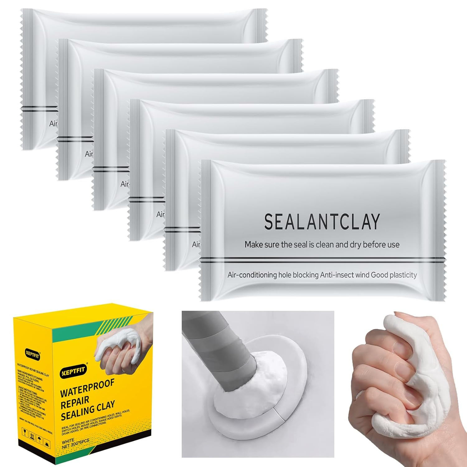 6-Pack New Type White Waterproof Sealant Mastic, Repair Sealing Clay, Quick M…