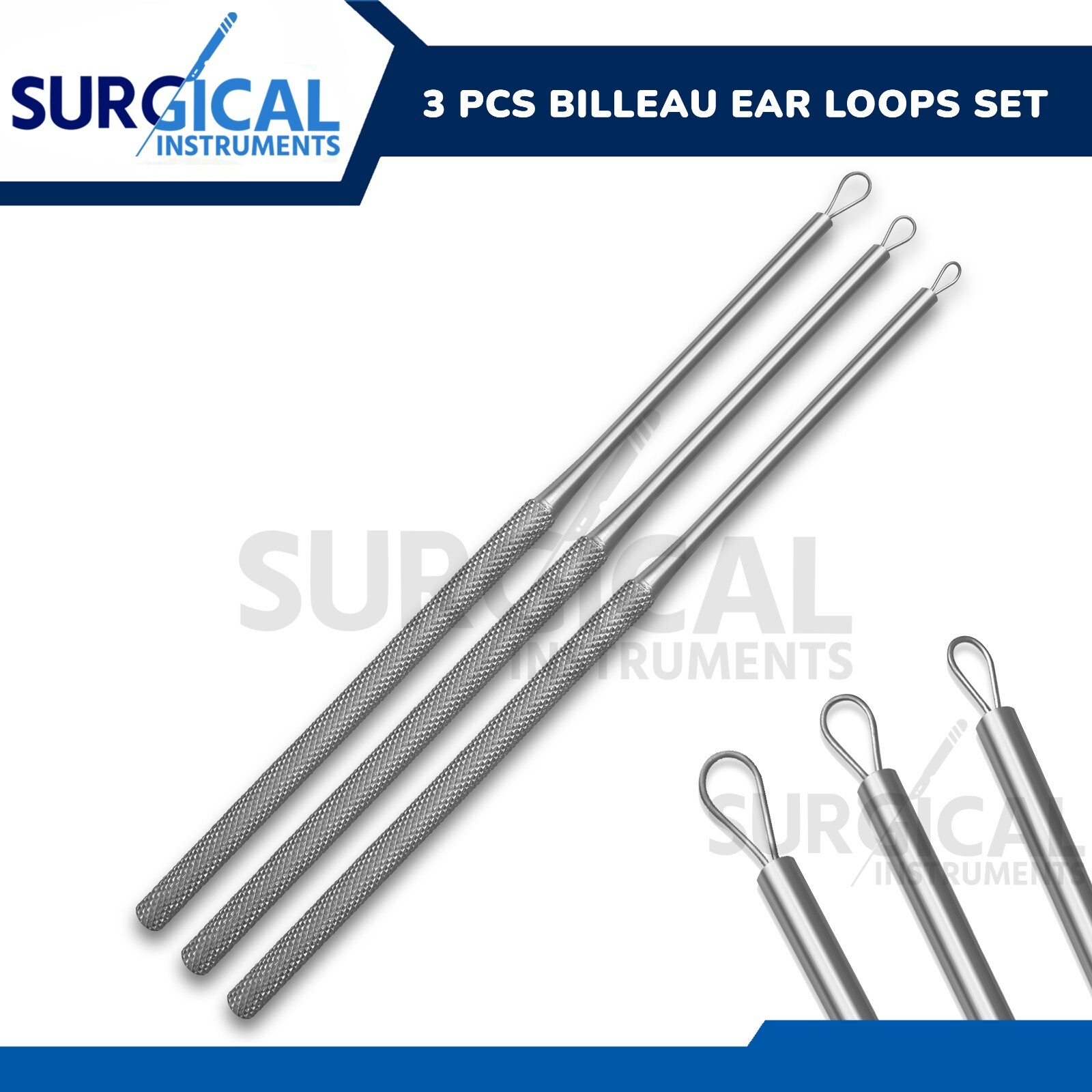 3 Pcs Billeau Ear Pick Ear Loop Curette Set Stainless Steel German Grade