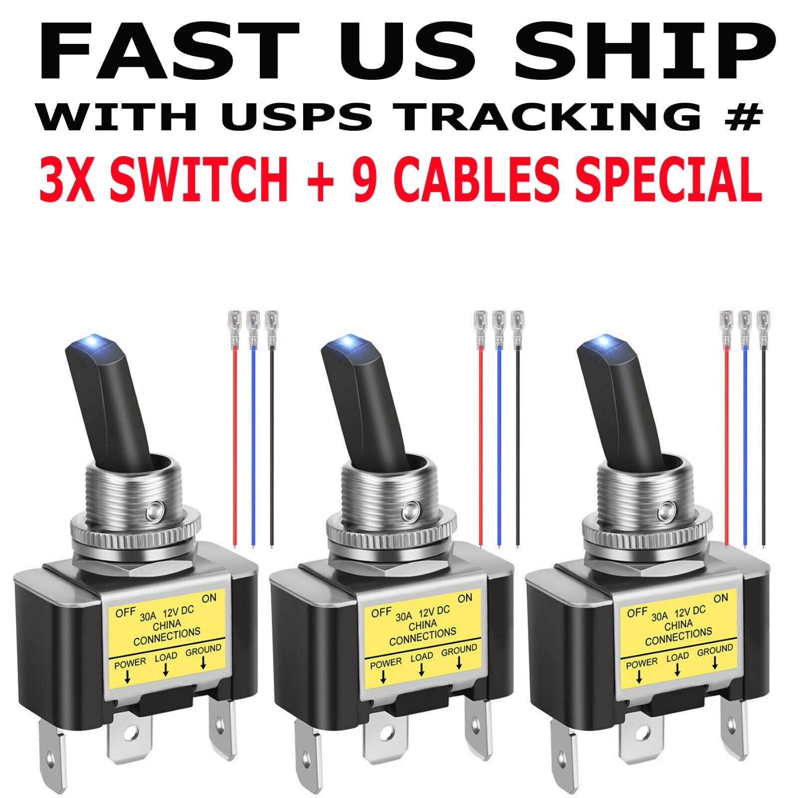 3Pcs 12V 30A Blue LED Light Toggle Rocker ON/OFF Switch 3Pin Marine Car Boat ATV