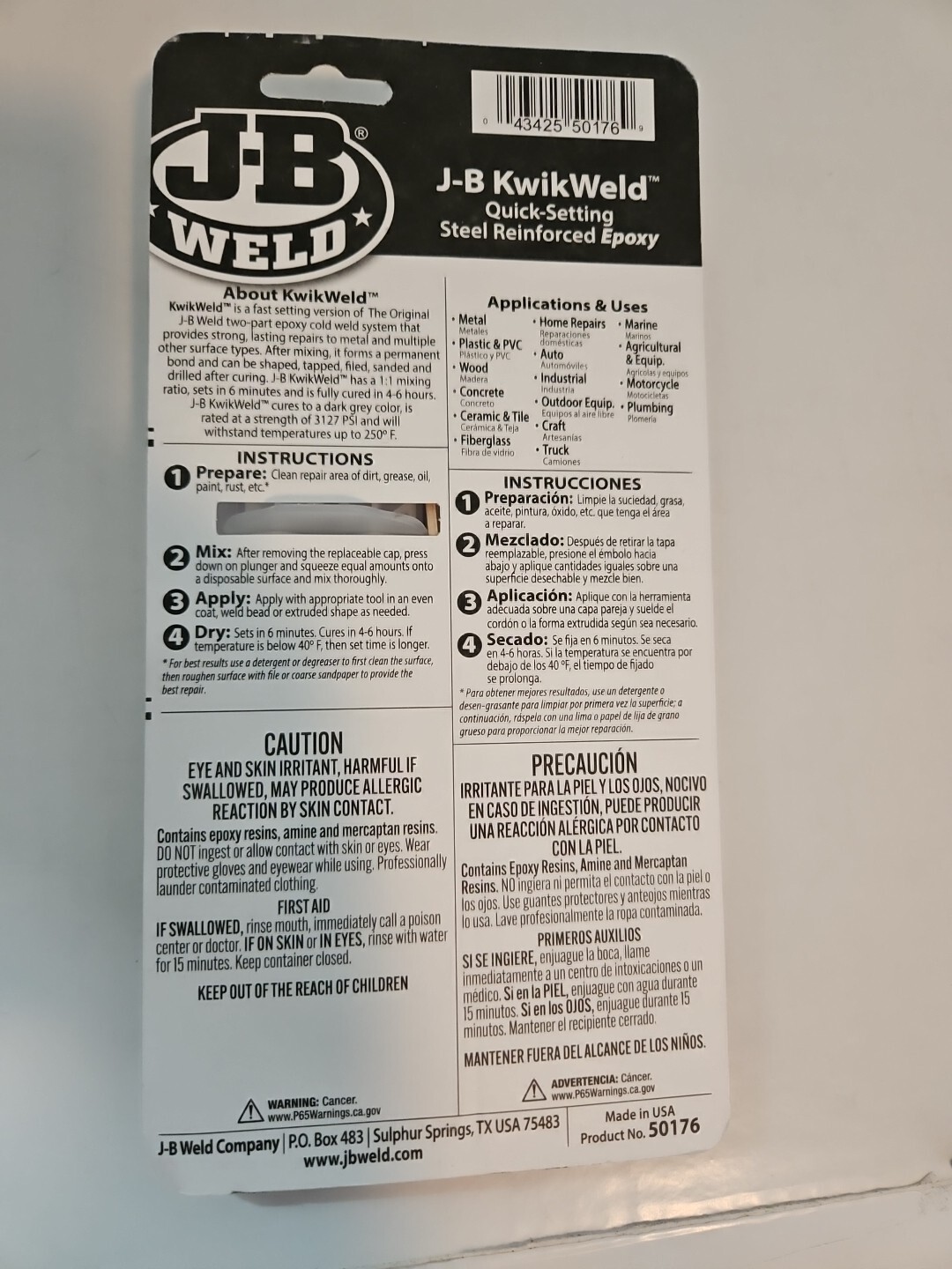 J-B Weld 50176 KwikWeld Steel Reinforced Epoxy Syringe Dark Grey 25 ml/.85oz New
