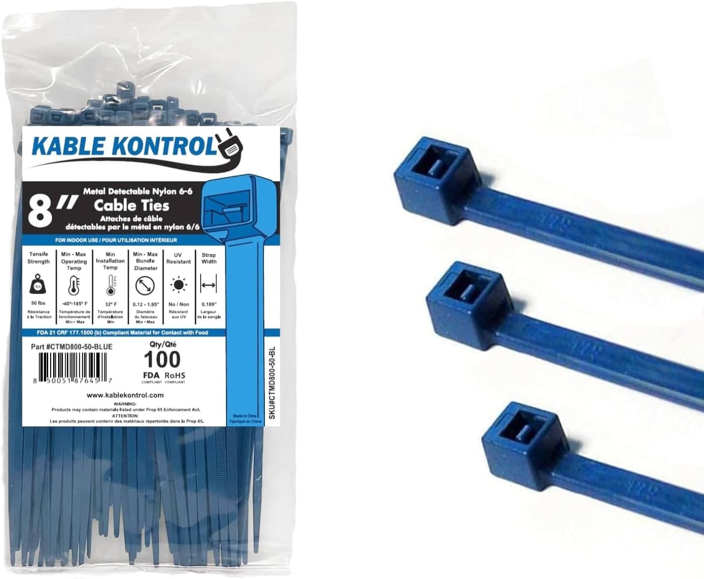 Metal Detectable Blue Zip Ties 100 Pcs 8 Inch, 50 Lbs Tensile Strength, Iron …