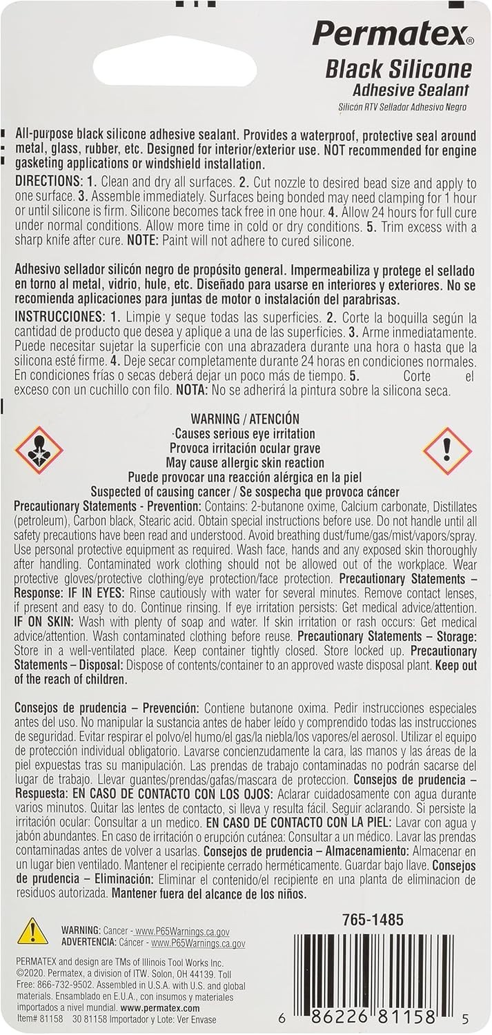 Permatex 81158 Black Silicone Adhesive Sealant, 3 oz. Tube, Pack of 1