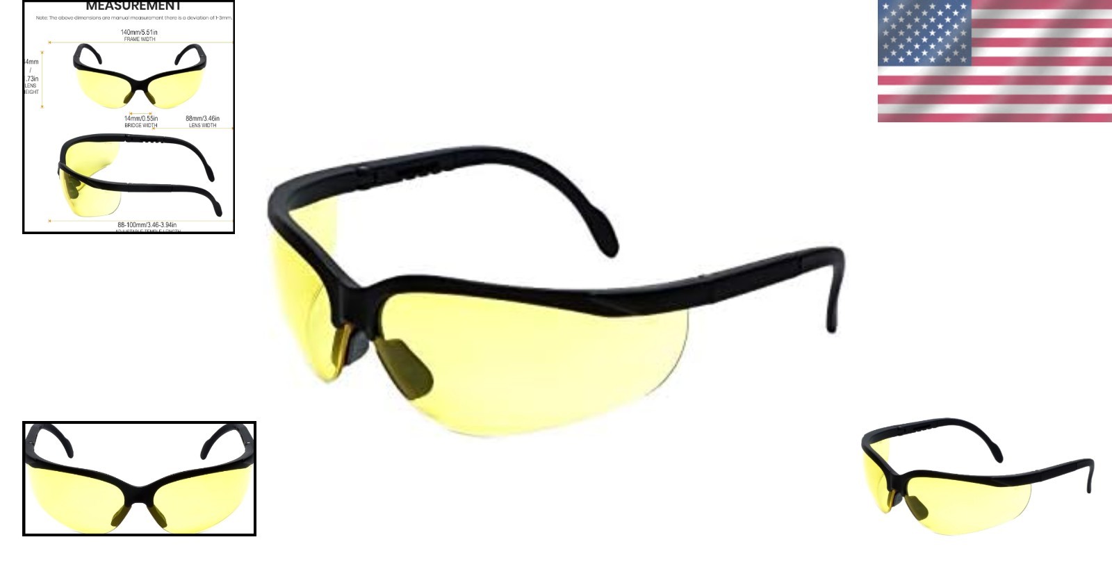 Full Rim Adjustable Safety Glasses with Yellow Tint for Indoor and Outdoor Use