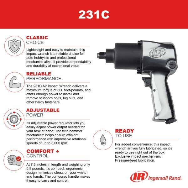 Ingersoll Rand #231C 1/2″ Super Duty Air Impact Wrench 600 ft-lb Torque
