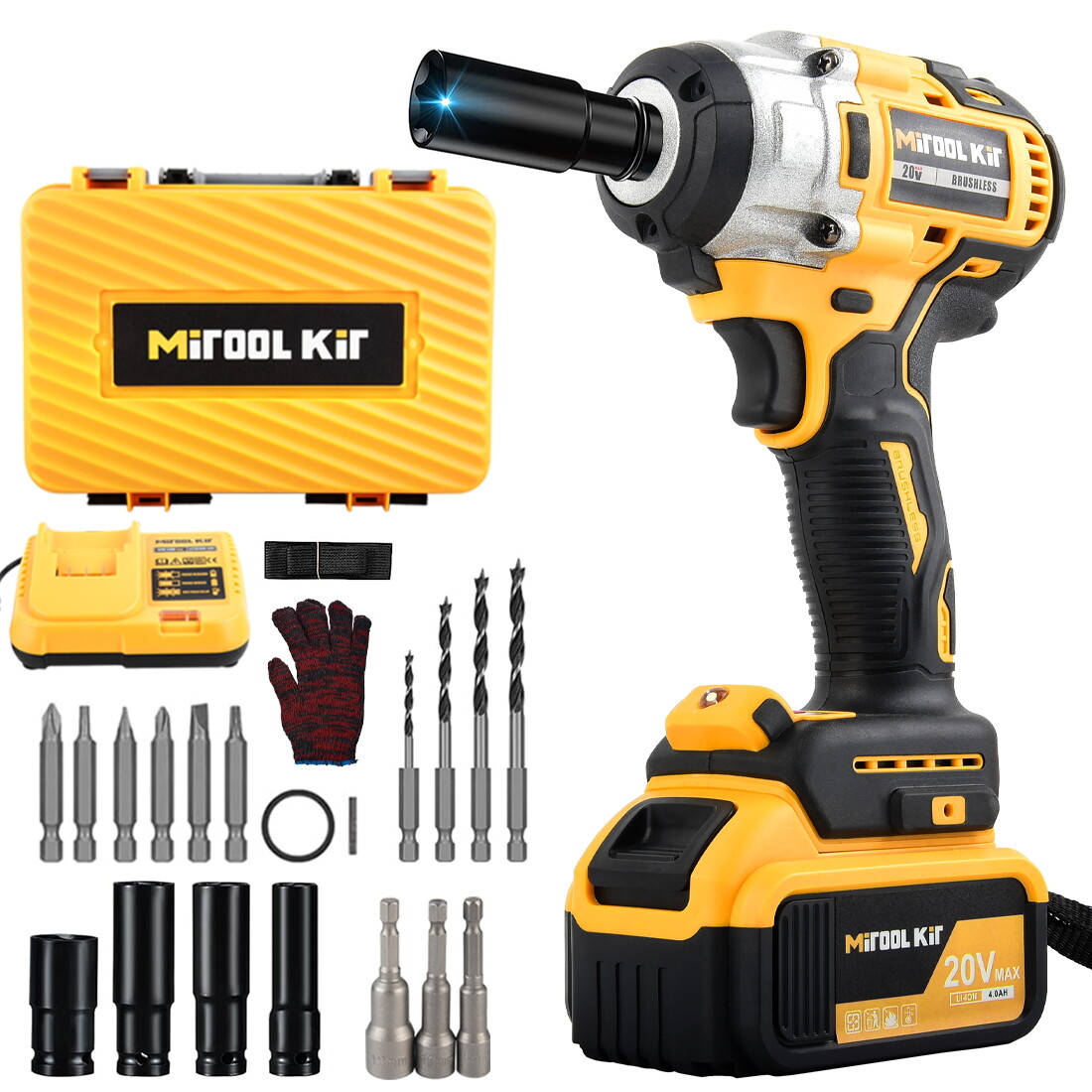 1/2″ Electric Wrench Cordless Brushless Impact Rattle Gun Drill Kit 2 Battery