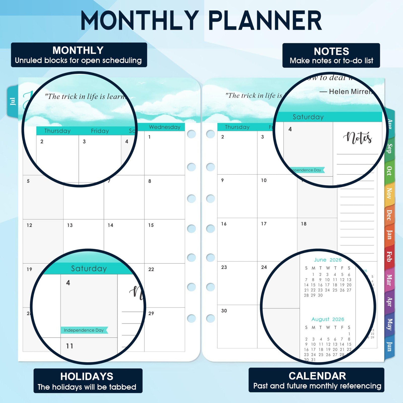A5 Planner Refills 2026-2027 Weekly Monthly Inserts 7 Hole Jul26-Jun27 Tabs (