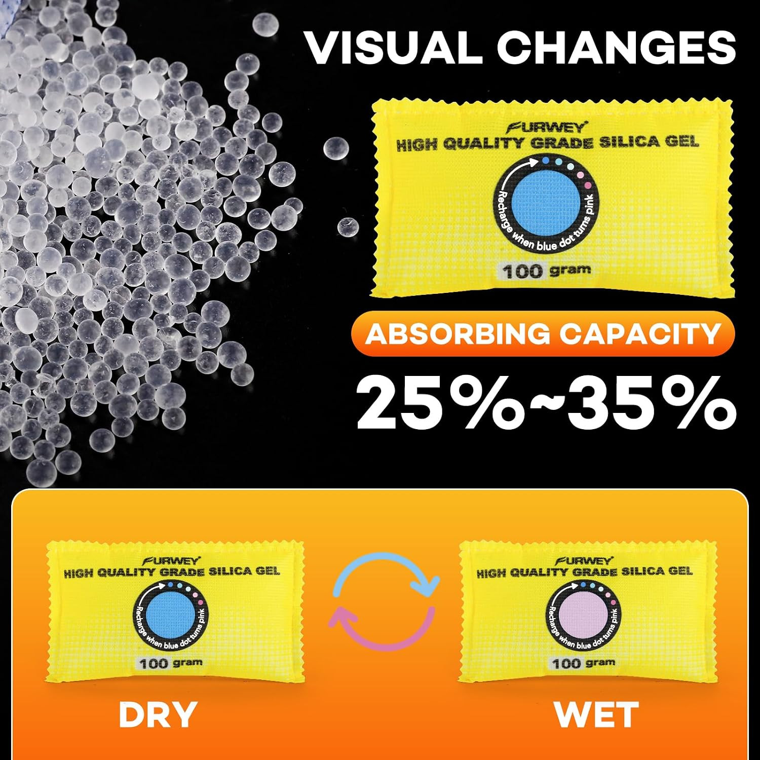 100G (6 Packs) Rechargeable Desiccant Packs for Storage, Color Indicating Silica