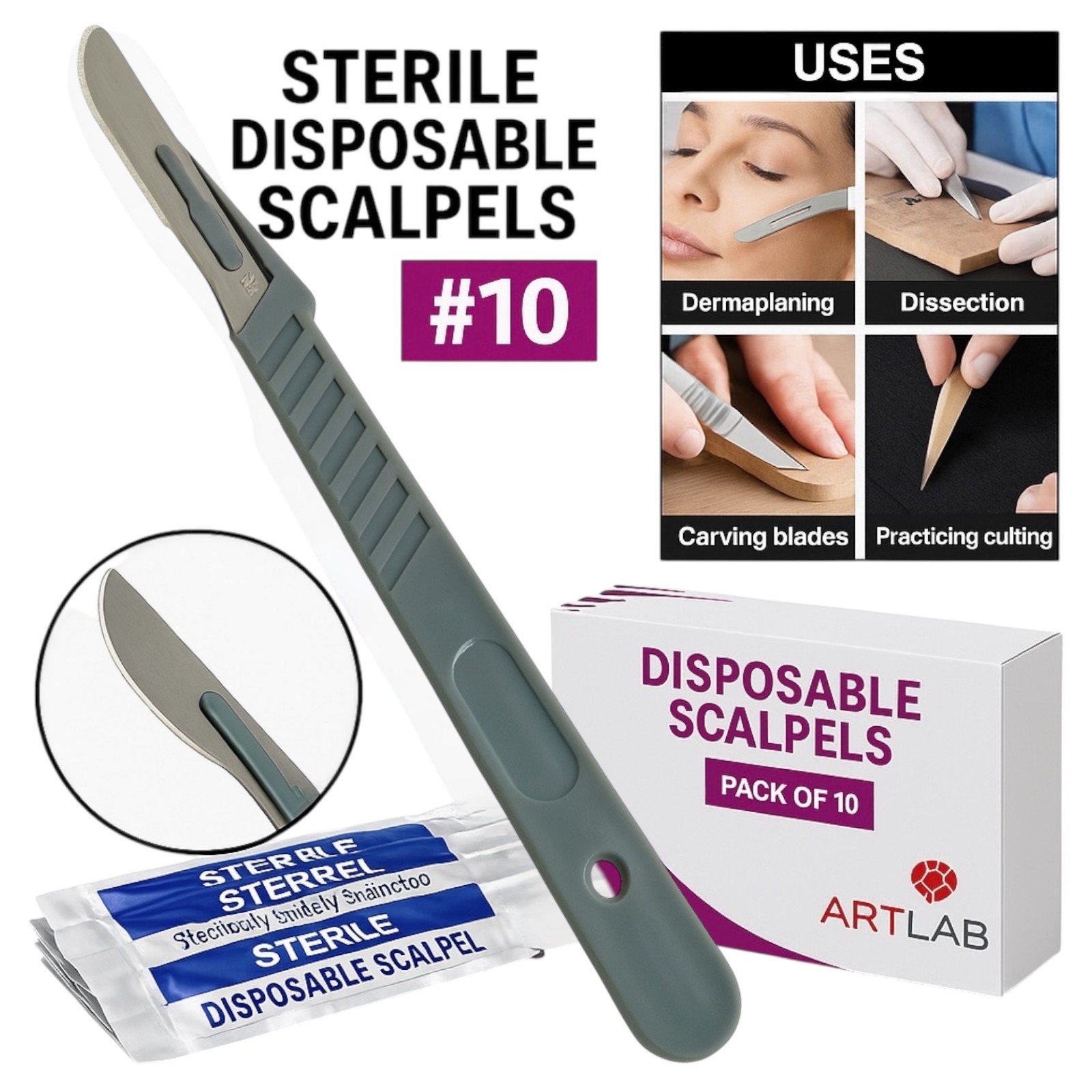 10 PCS STERILE DISPOSABLE SCALPELS #10-SINGLE USE-DENTAL, SURGICAL, DERMAPLANING