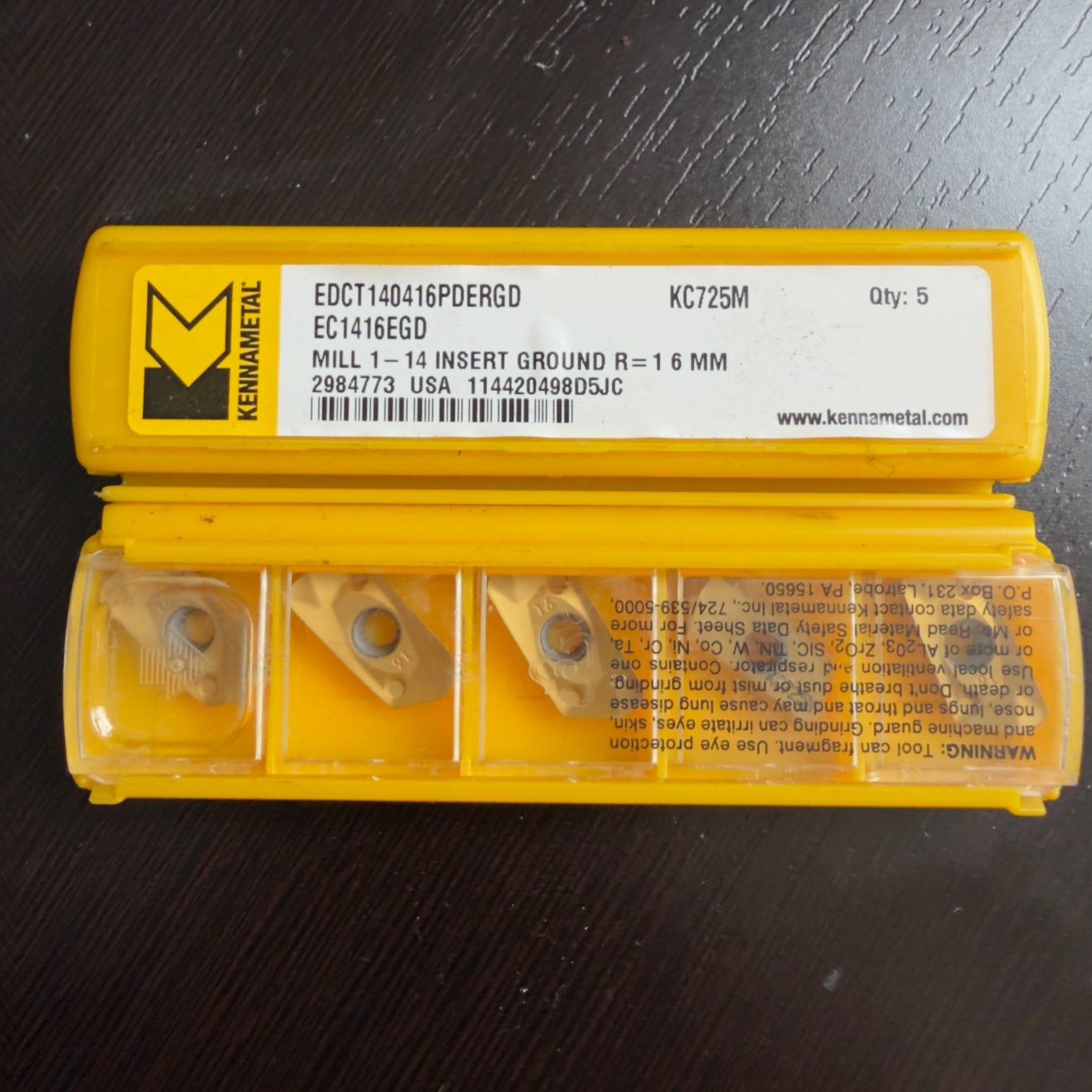 Kennametal Milling Insert: ANSI EC1416EGD, ISO EDCT140416PDERGD, KC725M