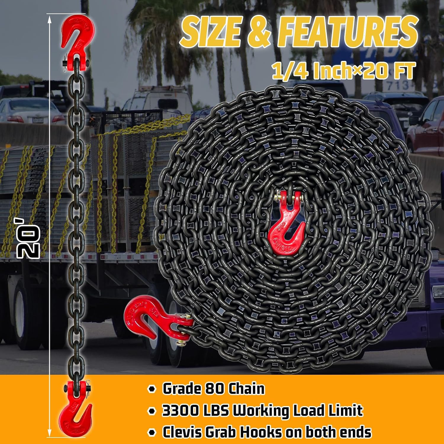 G80 Transport Binder Chain|1/4″×20 FT Heavy Duty Chain Wll 3300 Lbs Break Streng