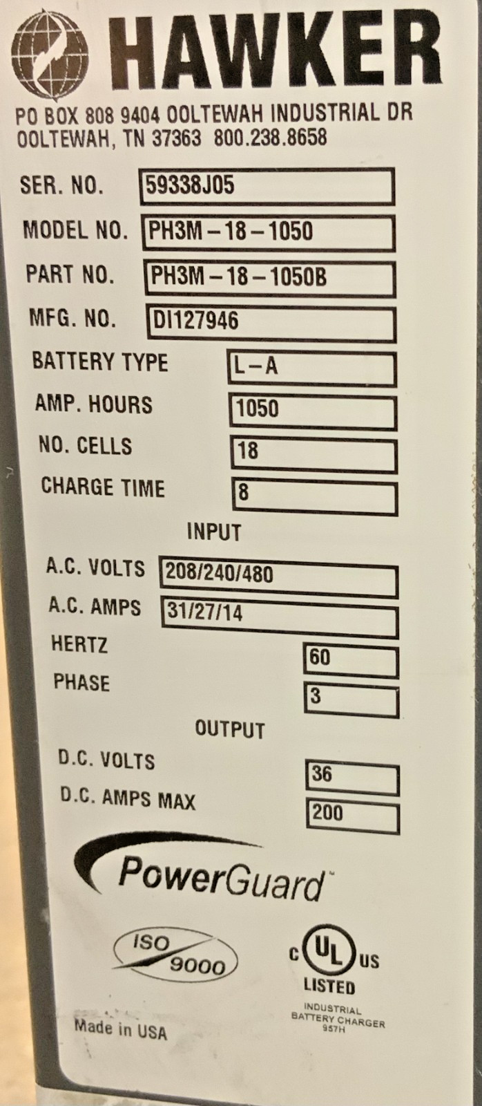 Hawker Premium Power Guard HD PH3M-18-1050 36V Forklift Battery Charger Free Shi