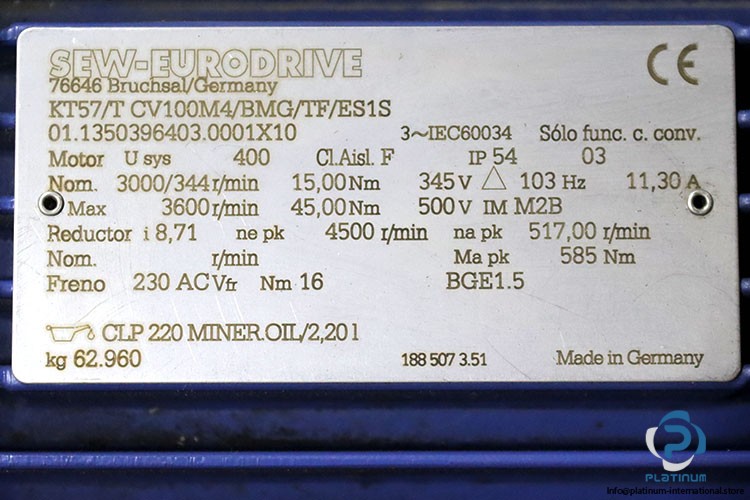 SEW KT57/T CV100M4/BMG/TF/ES1S GEARMOTOR_01.1350396403.0001X10_8.71 ratio_BGE1.5