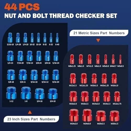 44pcs Inch & Metric Set Nut & Bolt Thread Checker Identifier Thread Gauges Box