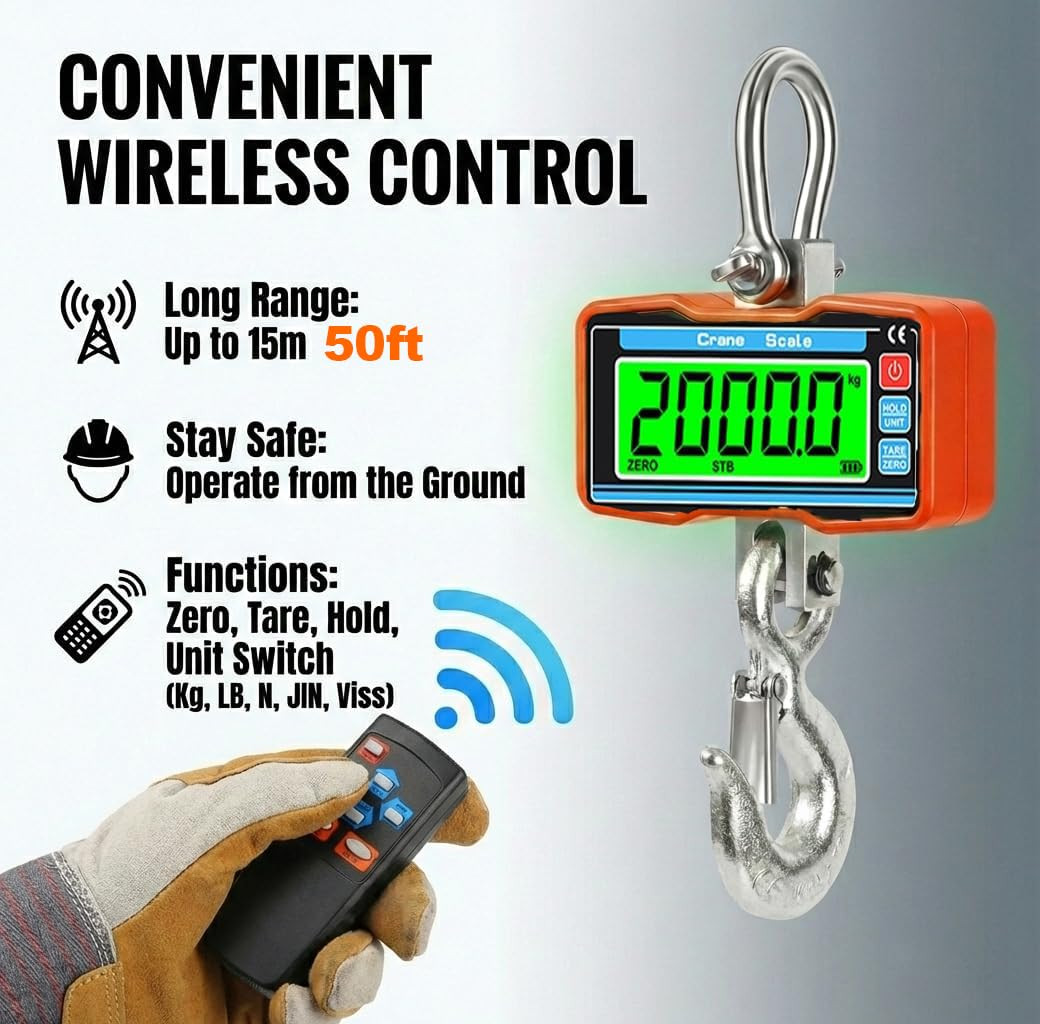 4400Lbs / 2 Ton Digital Crane Scale, 1Lb (0.5Kg) Accuracy Heavy Duty Industrial