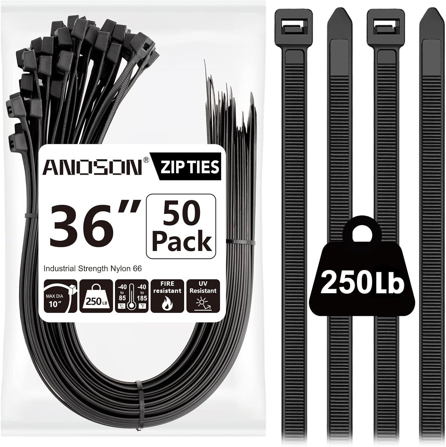 Large Zip Ties 36 Inch (50 Pack), Long Zip Ties Heavy Duty with 250 Lb Tensile S