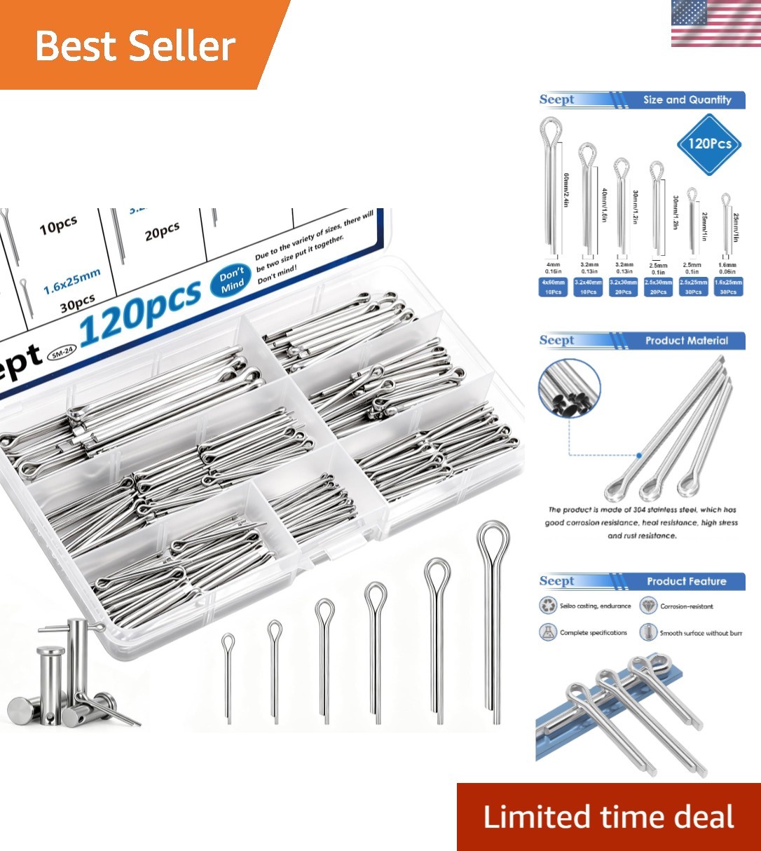 Assorted 120Pcs Cotter Pins in Stainless Steel – Reliable Fastening Solutions