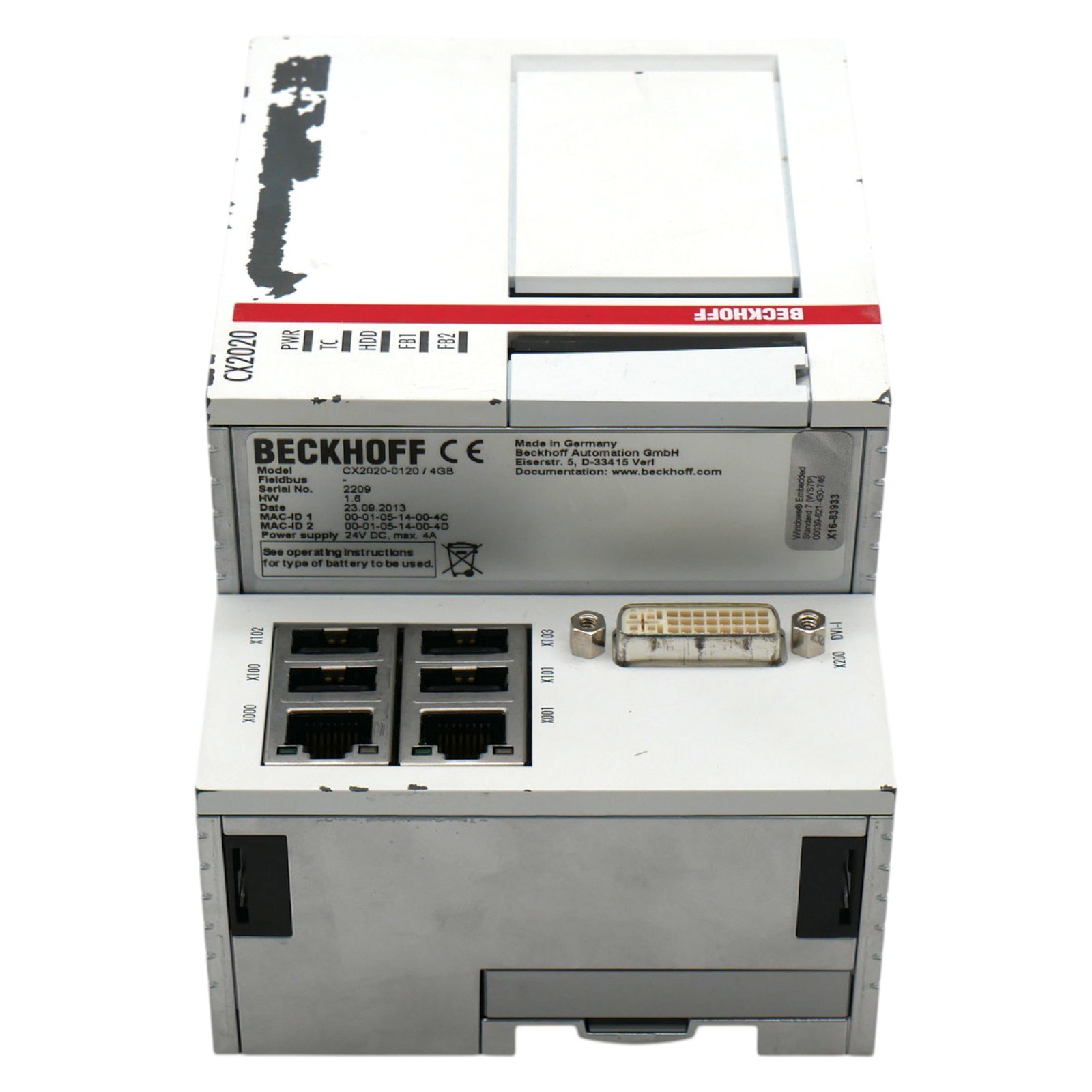 Beckhoff CX2020-0120 / 4 GB HW: 1.6 CPU basic module 24VDC + 8 GB CFast card -used-