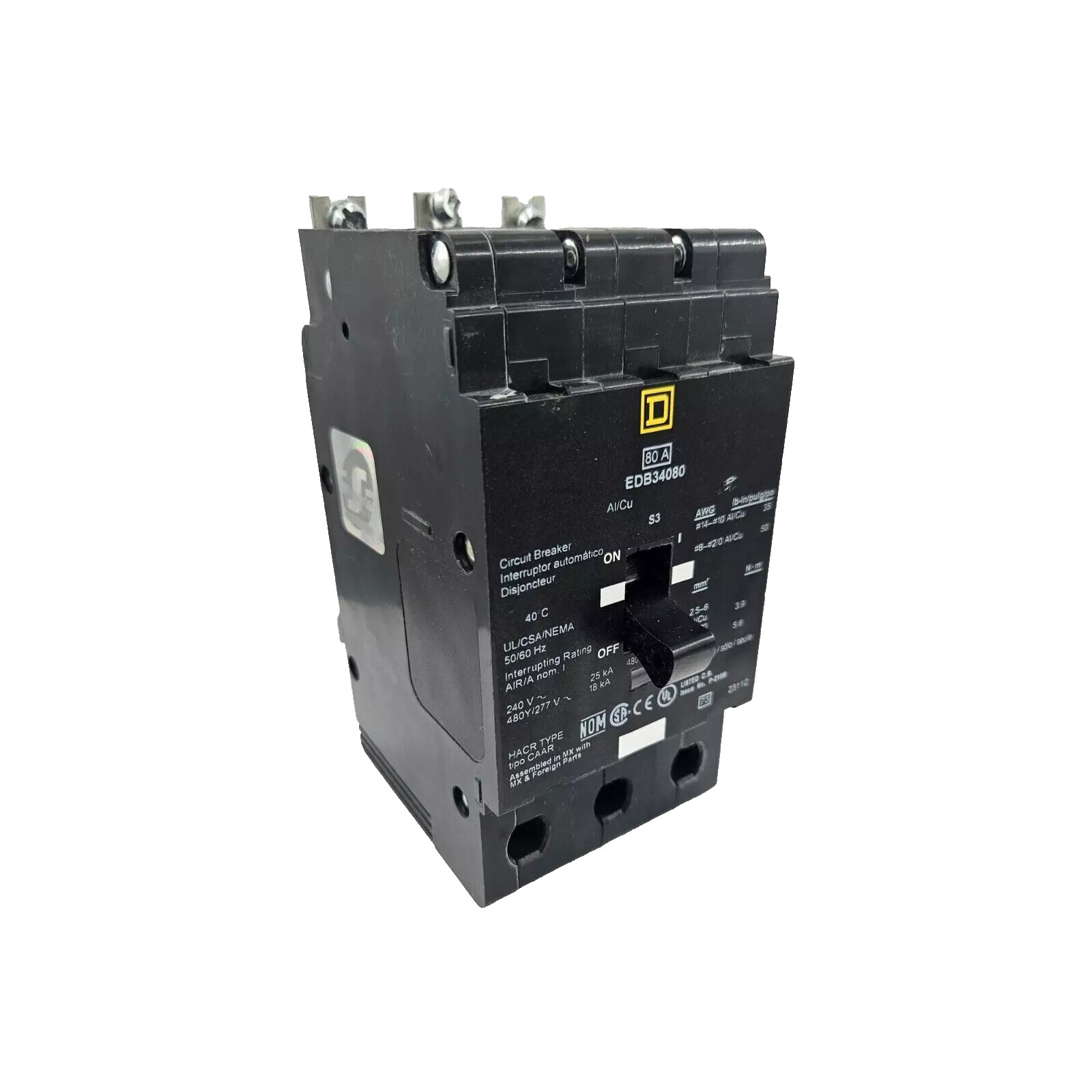NIB – Square D – EDB34080 – Miniature Circuit Breaker, 80A, 3-Pole, Bolt-On