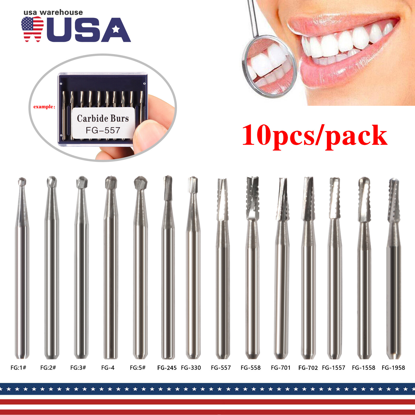 10-100*USA Dental Tungsten Carbide Steel Burs Drills for High Speed Handpiece de