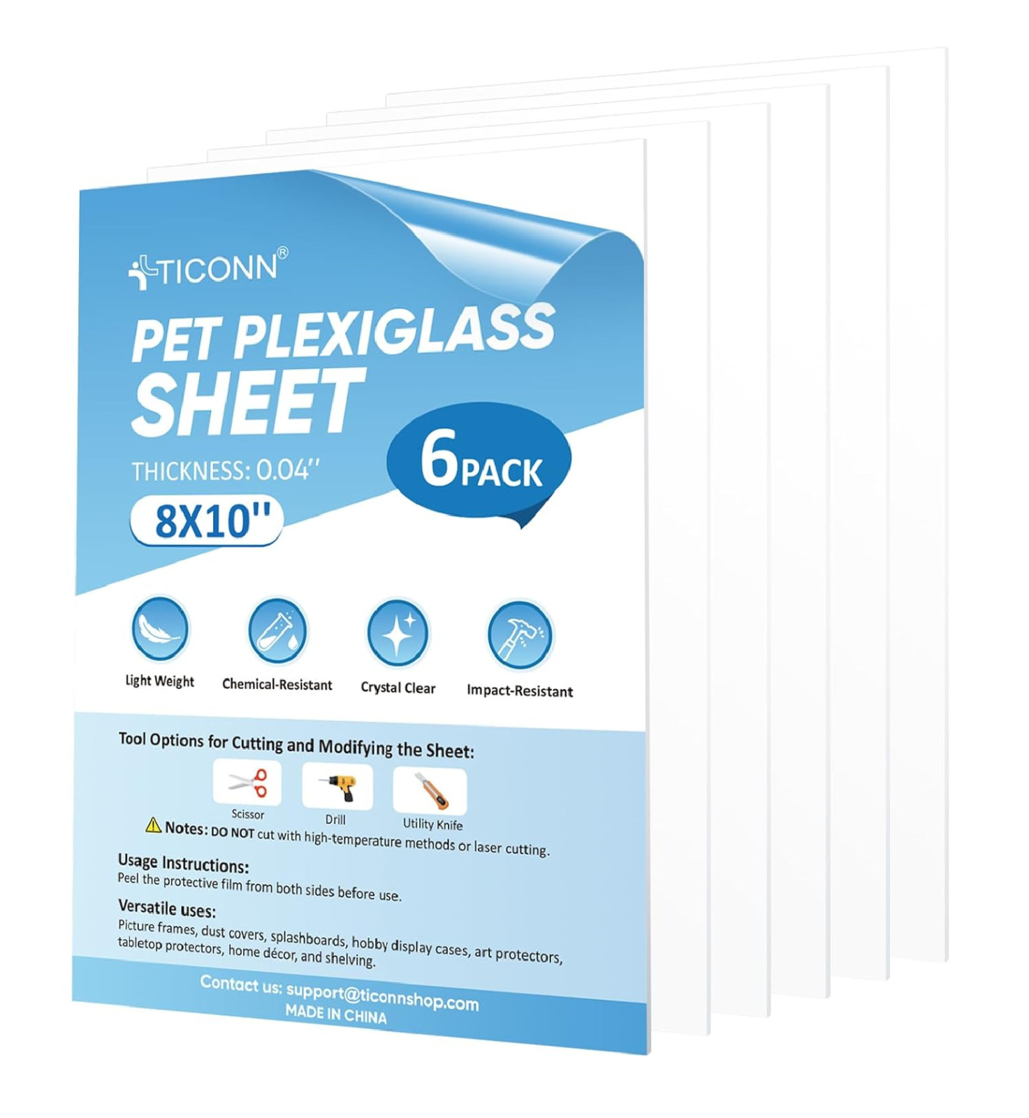 TICONN 6PK 8″ x 10″ PET Plexiglass Sheets, Clear Plastic Sheet, Easy to Cut Thin