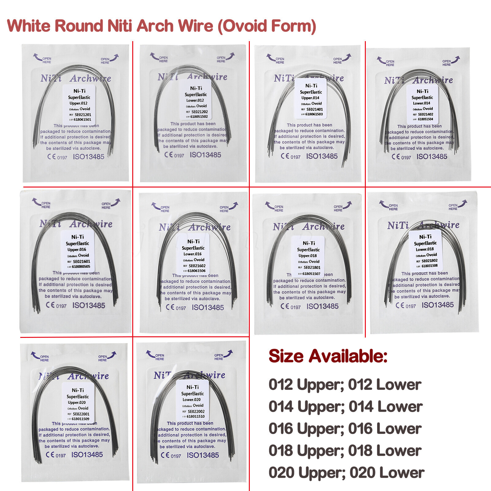 Dental Ortho Super Elastic Niti Round Arch Wire Ovoid 012-020upper/lower all