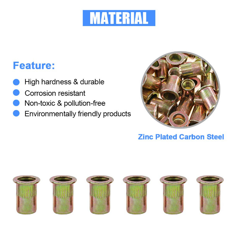 100 Pcs 5/16-18 UNC Carbon Steel Rivet Nut Flat Head Threaded Insert Nutsert SAE
