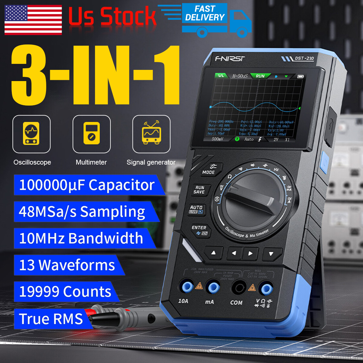 FNIRSI DST210 3-In-1 Handheld Digital Oscilloscope Multimeter Signal Generator`