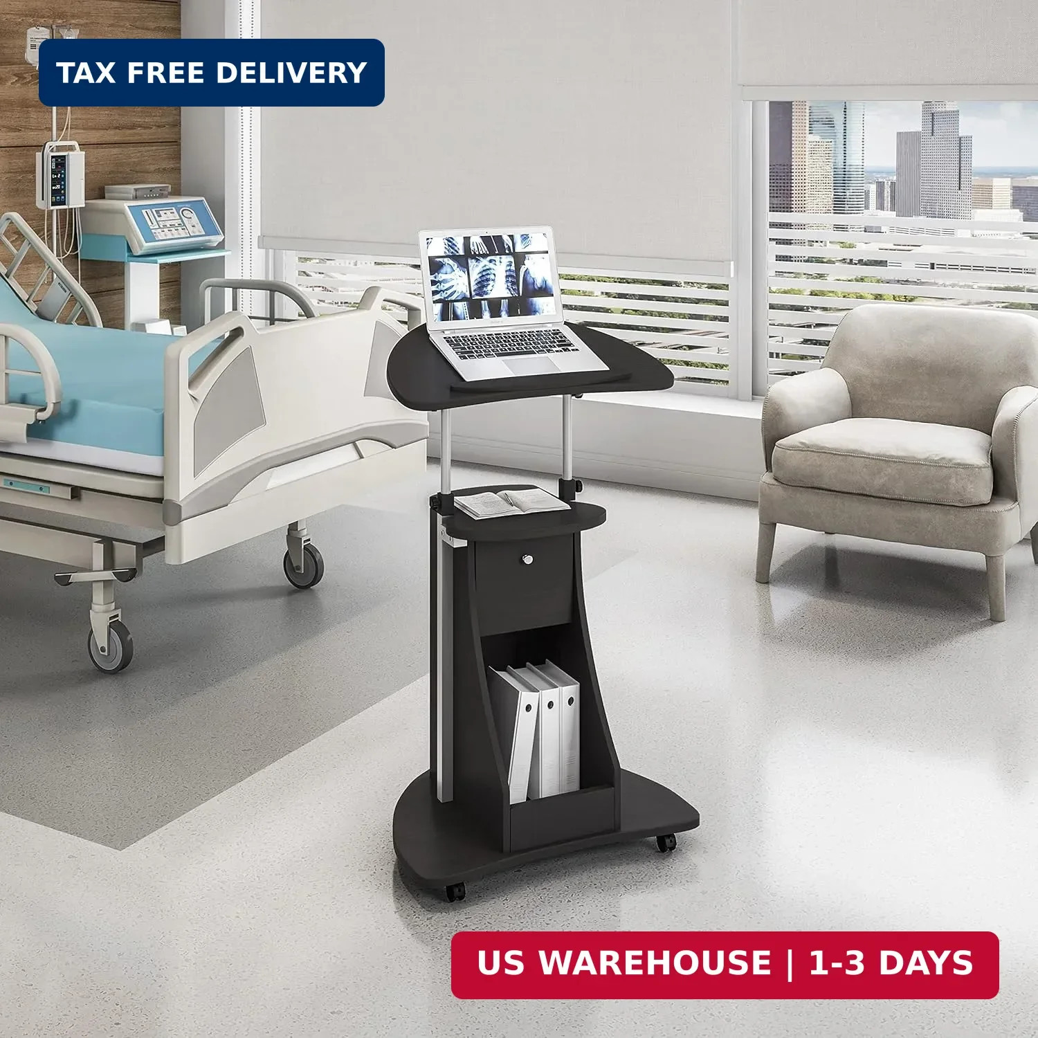 Techni Mobili Sit-to-Stand Mobile Medical Laptop Computer Cart, Black, Adjustabl